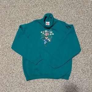 Teal Vintage Hanes Cross Stitched Flower Bouquet Turtleneck M